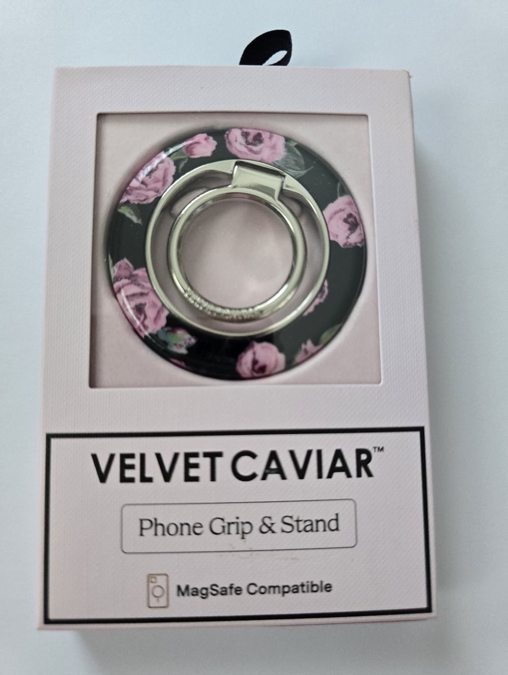 Velvet Caviar Black Floral MagSafe Phone Grip & Stand with Pink Roses